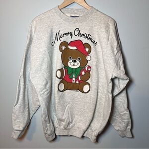Vintage Christmas Bear Sweatshirt Size Large Lt Gray Pullover Crewneck 1987
